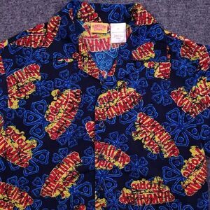 Hawaiian Tropic Shirt Mens Medium Button Up All Over Print Geometric Aztec Logo‎